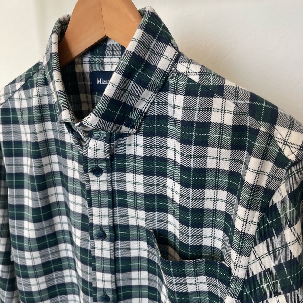 Mizzen+Main Dark Green and White Plaid Shirt